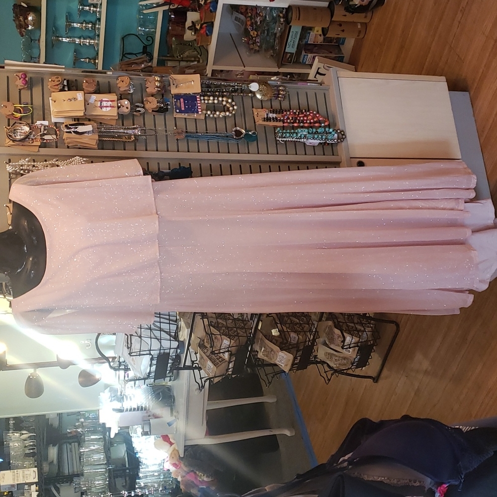 NWT J. Taylor Short Sleeve High Low Evening Gown Glitter Peach